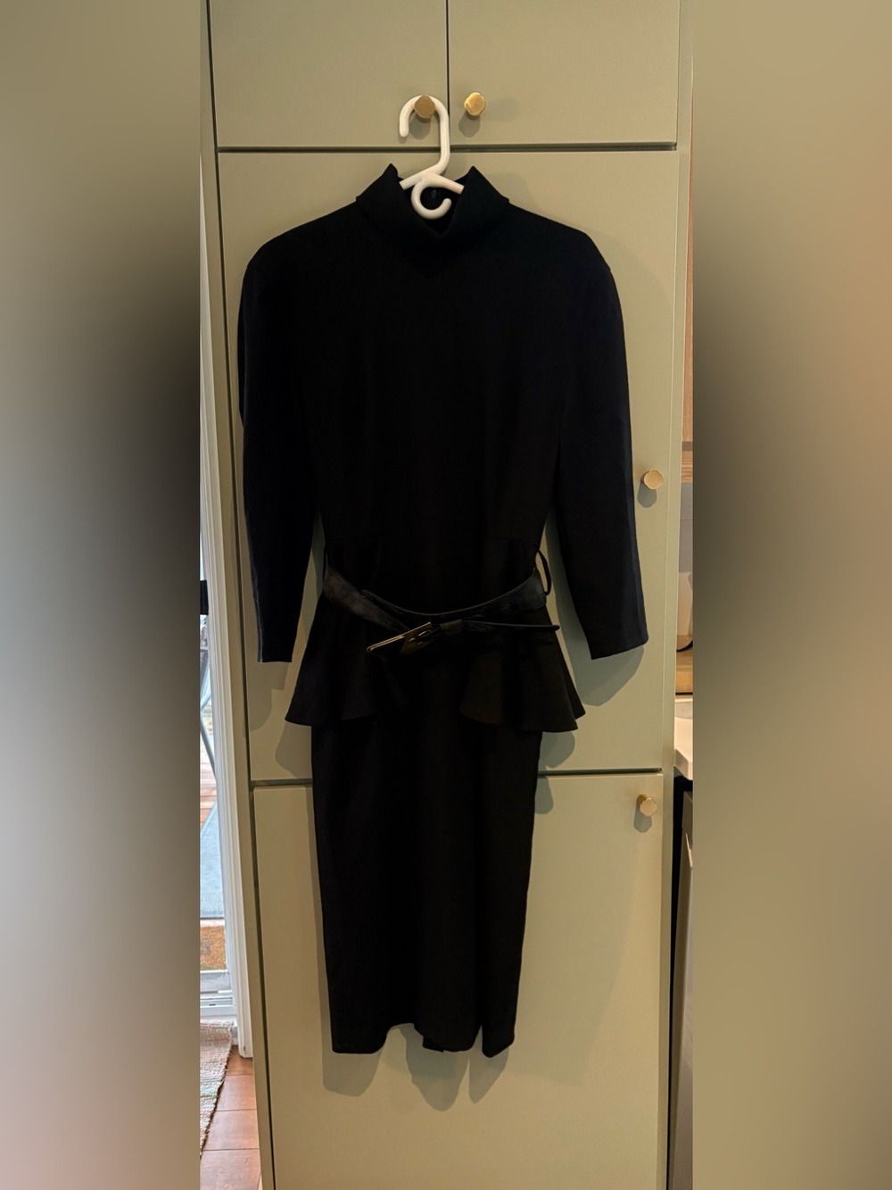 Louis Fรฉraud Vintage 80s Black Mock Neck Knit Wool Peplum Midi Dress